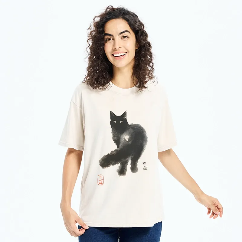 Tokyo-Tiger Black Cat Emptiness Ink Wash Washed T-Shirt