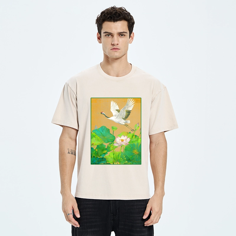 Tokyo-Tiger Crane Flying Over Lotus Art Washed T-Shirt