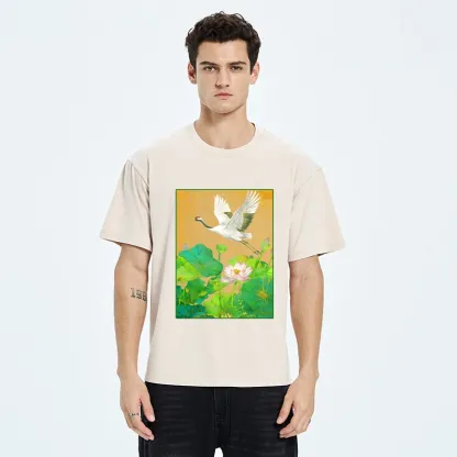 Tokyo-Tiger Crane Flying Over Lotus Art Washed T-Shirt
