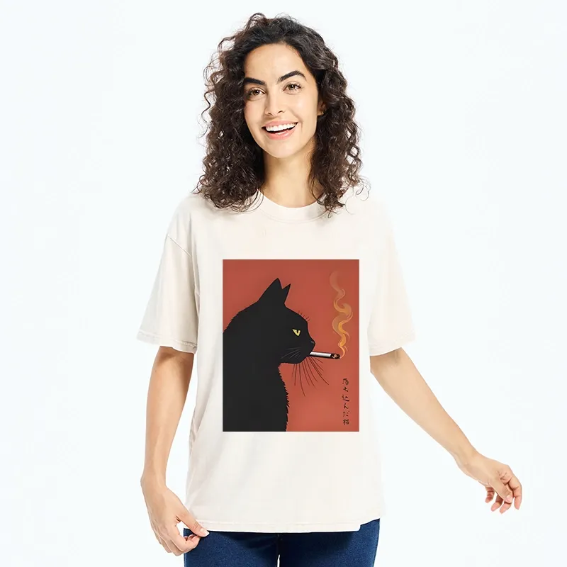 Tokyo-Tiger Black Cat With Cigarette Washed T-Shirt