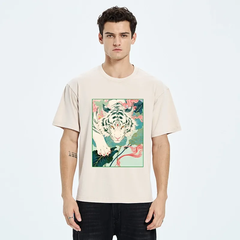 Tokyo-Tiger Oriental White Tiger Art Washed T-Shirt