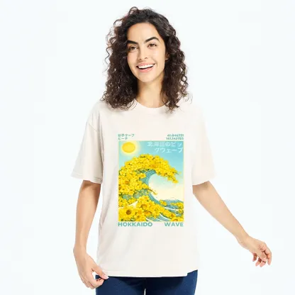 Tokyo-Tiger Sunny Yellow Flower Wave Art Washed T-Shirt