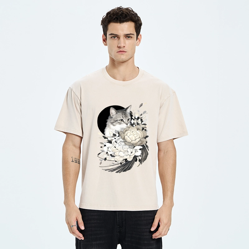 Tokyo-Tiger Graceful Cat In Floral Bouquet Washed T-Shirt