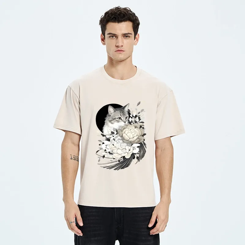 Tokyo-Tiger Graceful Cat In Floral Bouquet Washed T-Shirt