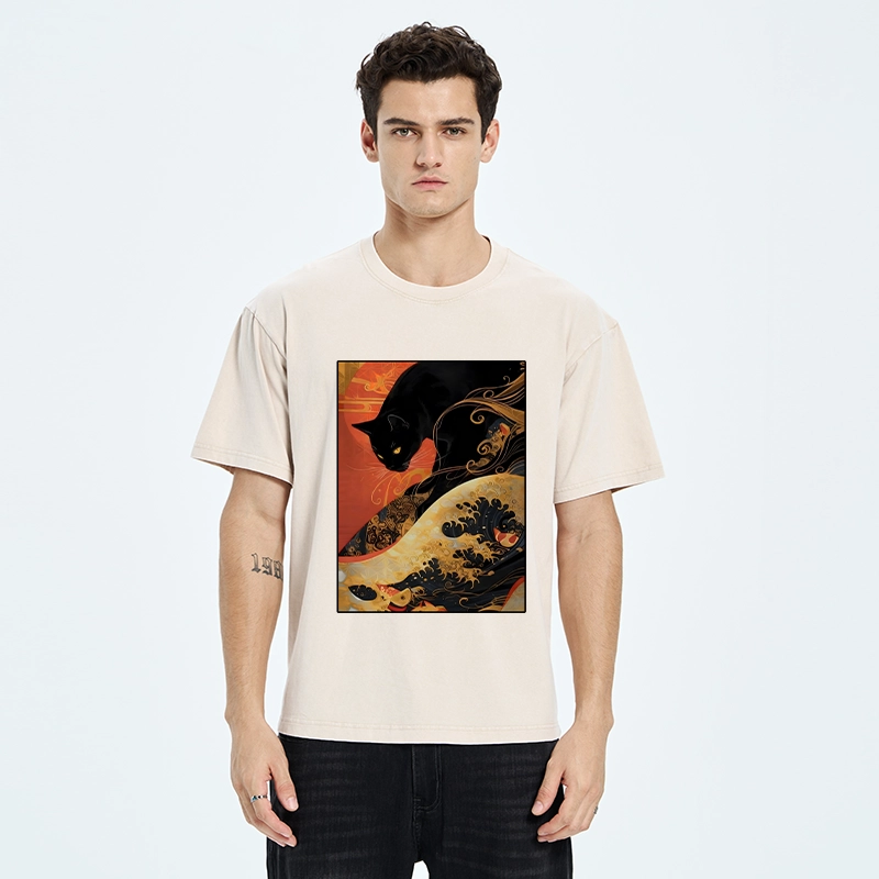 Tokyo-Tiger Japanese Style Black Cat Washed T-Shirt