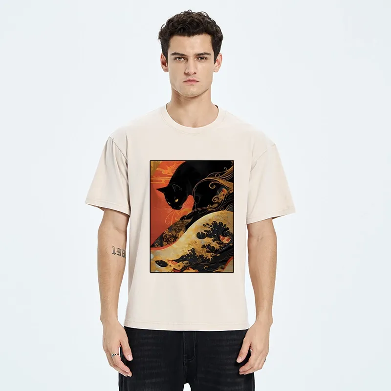 Tokyo-Tiger Japanese Style Black Cat Washed T-Shirt