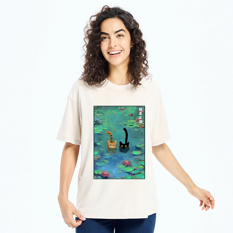 Tokyo-Tiger Funny Cats Swimming In Lilies Washed T-Shirt