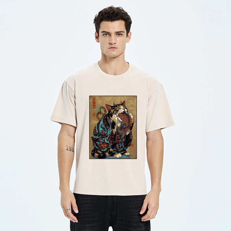 Tokyo-Tiger Samurai Cat Eating Fish Washed T-Shirt