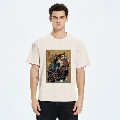Tokyo-Tiger Samurai Cat Eating Fish Washed T-Shirt