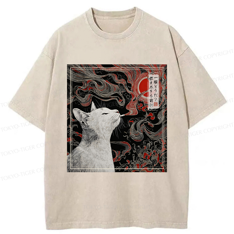 Tokyo-Tiger Vintage Japanese Smoking Cat Washed T-Shirt