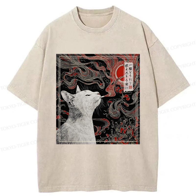Tokyo-Tiger Vintage Japanese Smoking Cat Washed T-Shirt