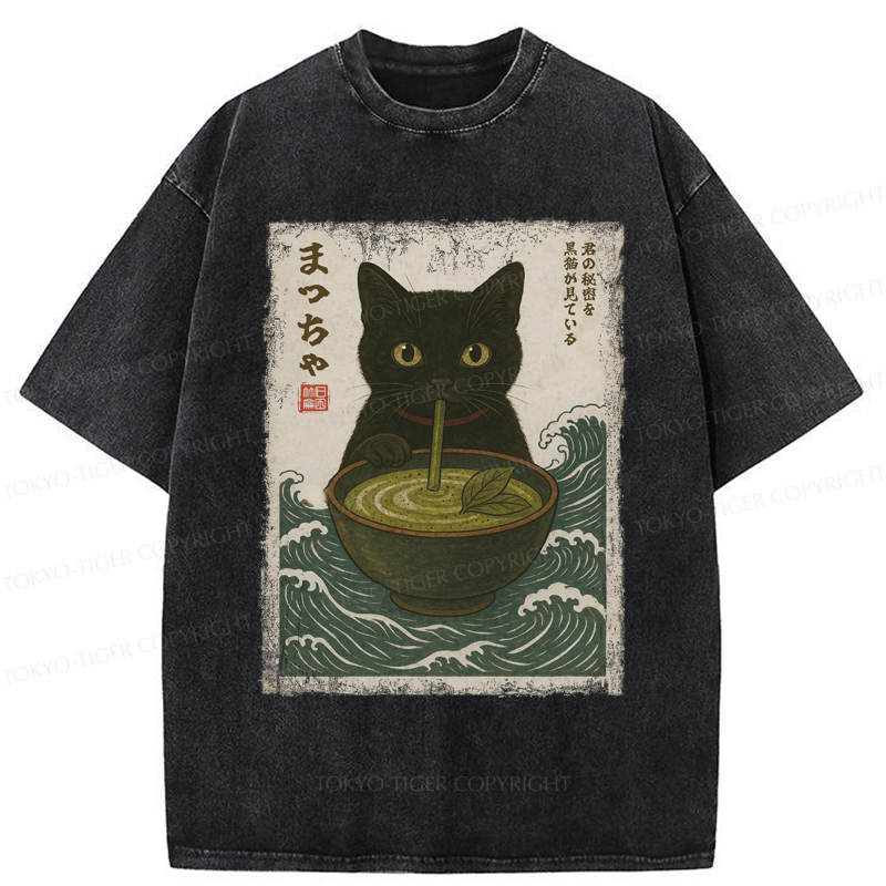 Tokyo-Tiger Black Cat and Matcha with Waves Washed T-Shirt