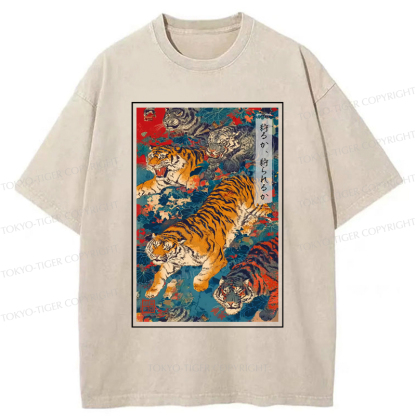 Tokyo-Tiger Retro Japanese Tigers Washed T-Shirt