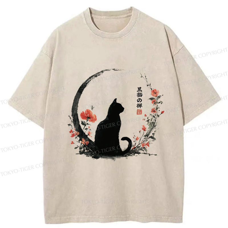 Tokyo-Tiger Black Cat And Flowers Washed T-Shirt
