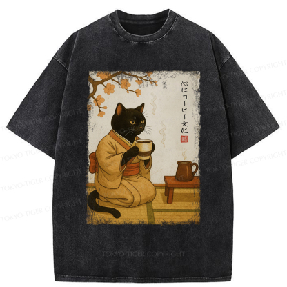 Tokyo-Tiger Cat Heart Full Of Coffee Washed T-Shirt
