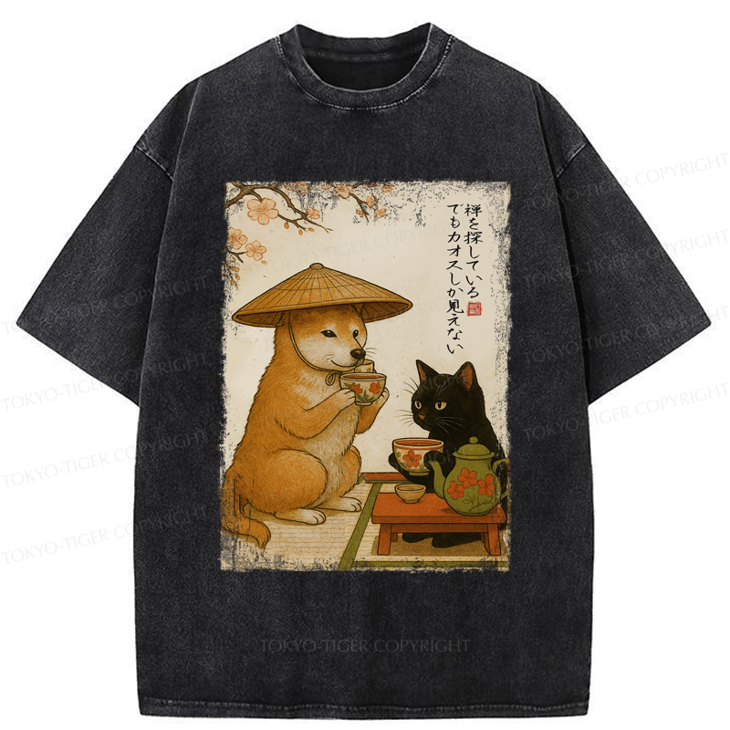 Tokyo-Tiger Tea Time with Shiba Inu and Black Cat Washed T-Shirt