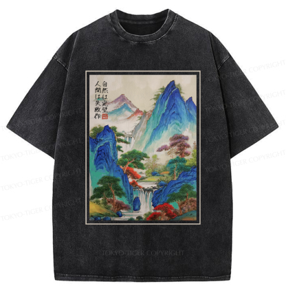 Tokyo-Tiger Japanese Mountain And River Attractions Washed T-Shirt