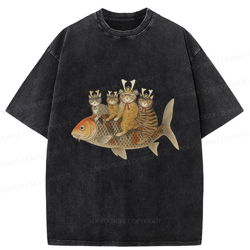 Tokyo-Tiger Funny Samurai Cat Riding a Fish Washed T-Shirt