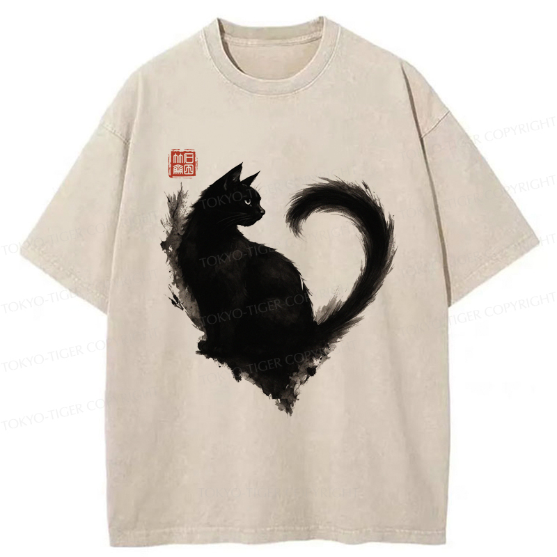 Tokyo-Tiger Funny Heart-Shaped Ink Cat  Washed T-Shirt