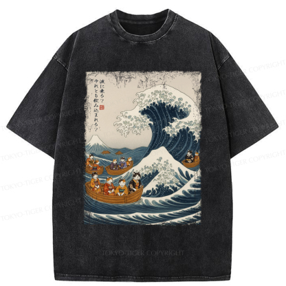 Tokyo-Tiger Japanese Cat Surfing Ukiyo-e Washed T-Shirt