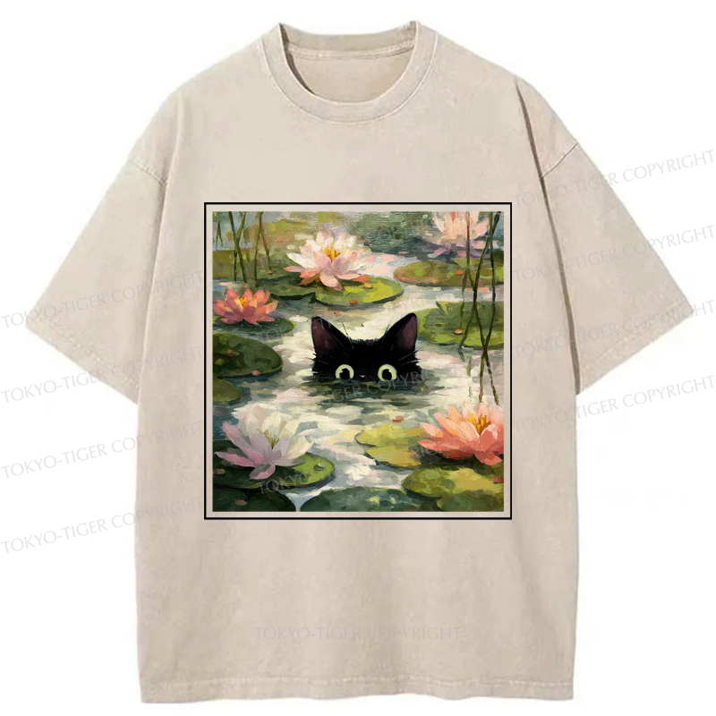 Tokyo-Tiger Black Cat and Lotus Flower Washed T-Shirt