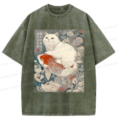 Tokyo-Tiger Japanese Cat Koi Fish Washed T-Shirt