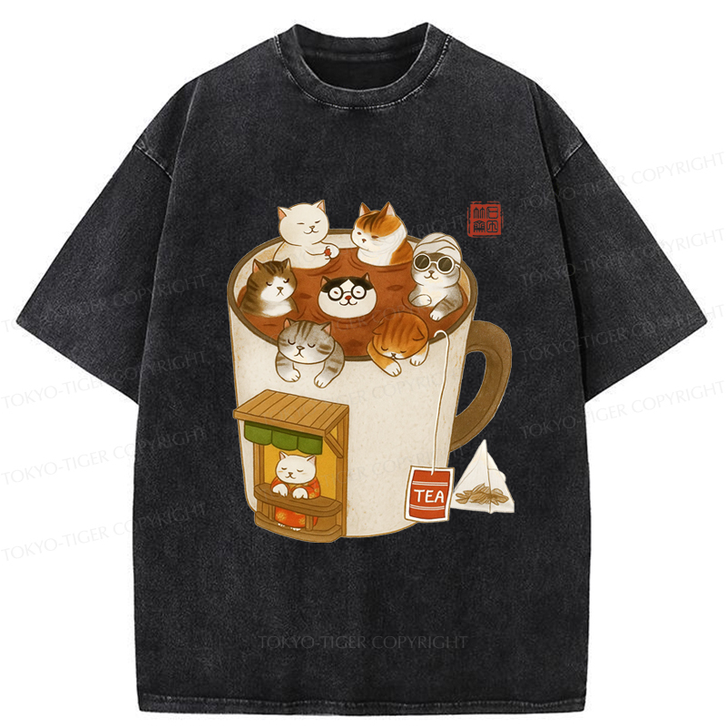 Tokyo-Tiger Funny Cat Brewing Tea Washed T-Shirt