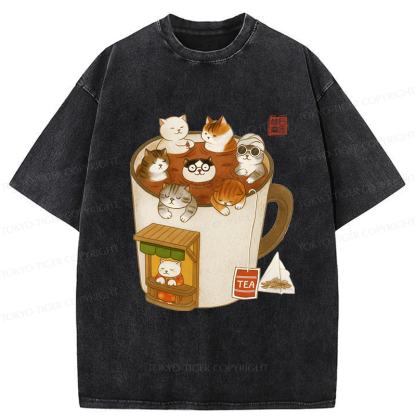 Tokyo-Tiger Funny Cat Brewing Tea Washed T-Shirt