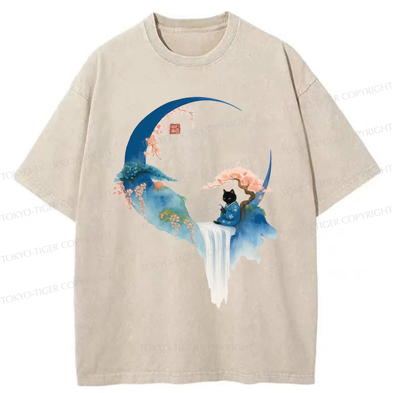 Tokyo-Tiger Tea And Tranquility: A Cat’s Zen Moment Washed T-Shirt