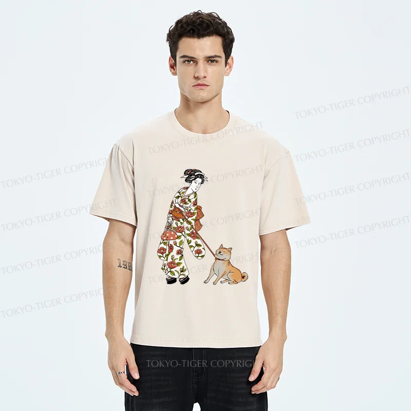 Tokyo-Tiger Geisha Walking Her Dog Washed T-Shirt
