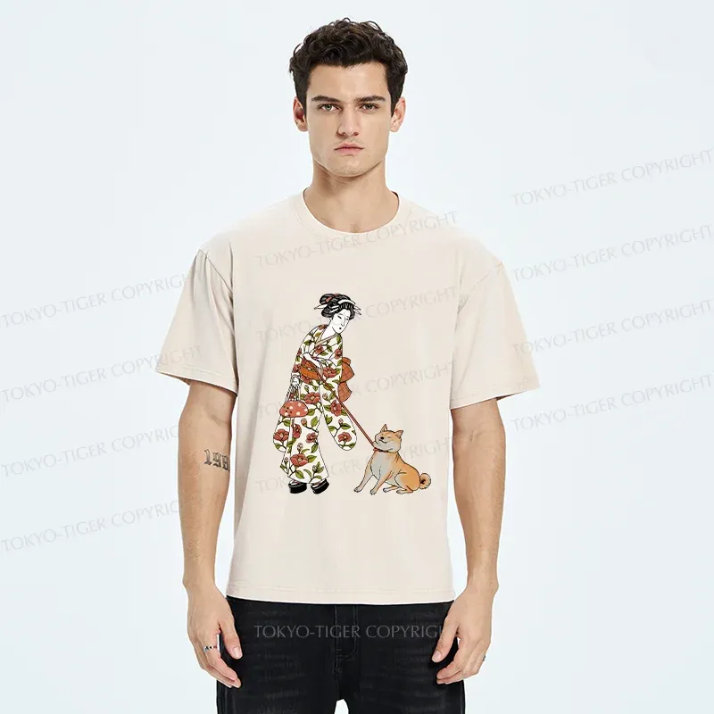 Tokyo-Tiger Geisha Walking Her Dog Washed T-Shirt