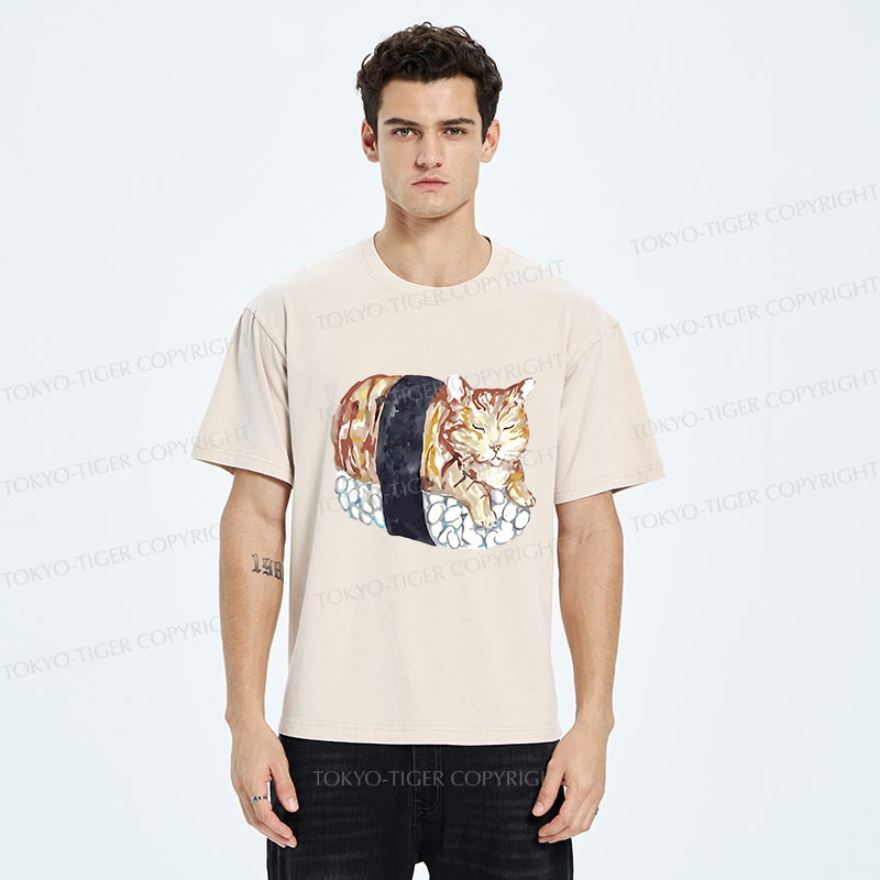 Tokyo-Tiger Sushi Cat Washed T-Shirt