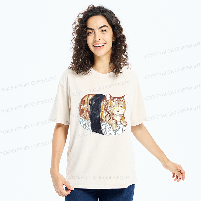 Tokyo-Tiger Sushi Cat Washed T-Shirt