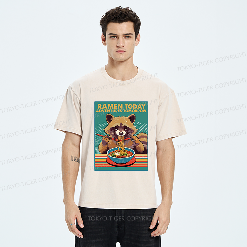 Tokyo-Tiger Raccoon Eating Ramen Washed T-Shirt