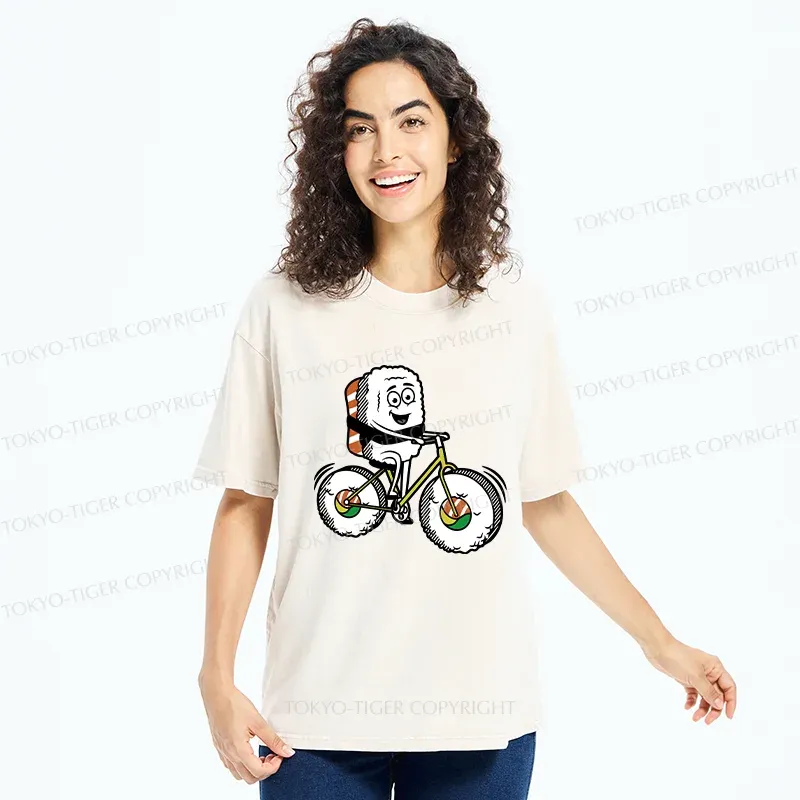 Tokyo-Tiger Cute Sushi Riding A Bicycle Washed T-Shirt