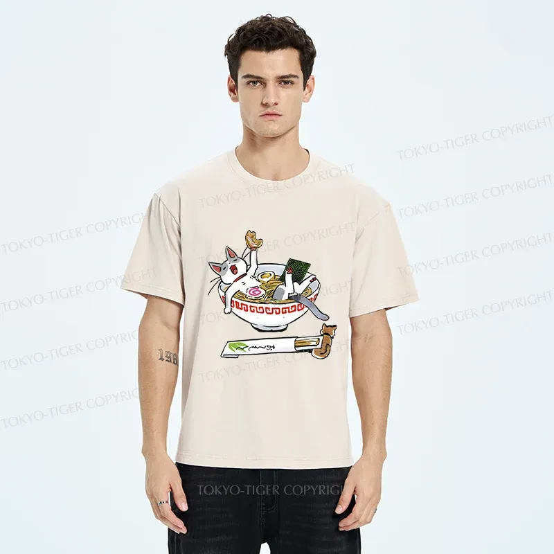 Tokyo-Tiger Cute Cat Ramen Washed T-Shirt