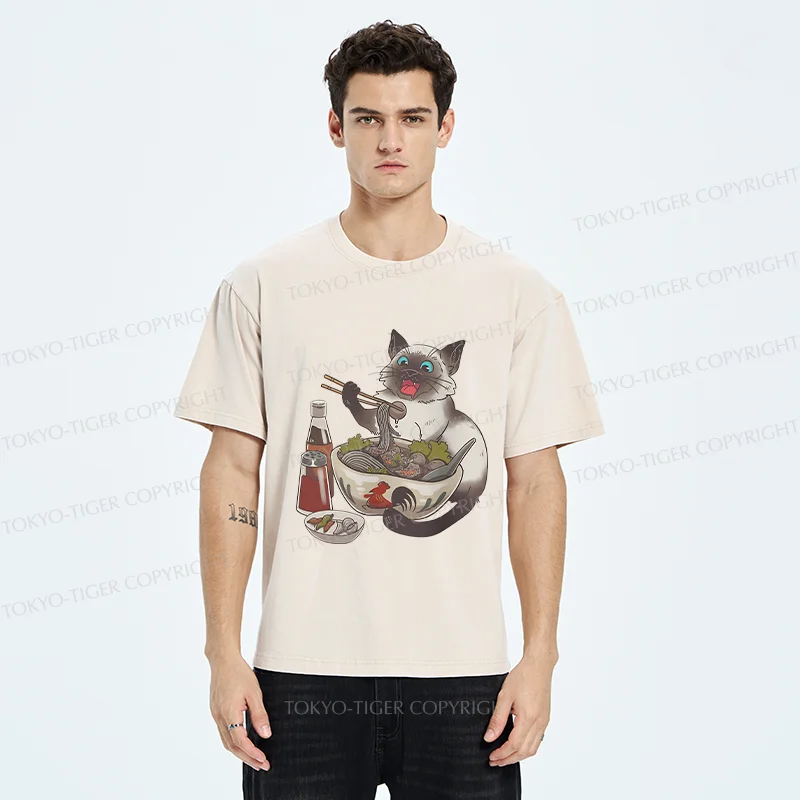 Tokyo-Tiger Siamese Cat Eating Ramen Washed T-Shirt