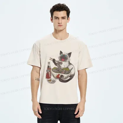 Tokyo-Tiger Siamese Cat Eating Ramen Washed T-Shirt