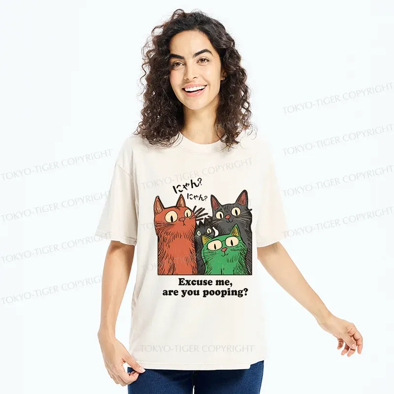 Tokyo-Tiger Cats Watching Poop Washed T-Shirt