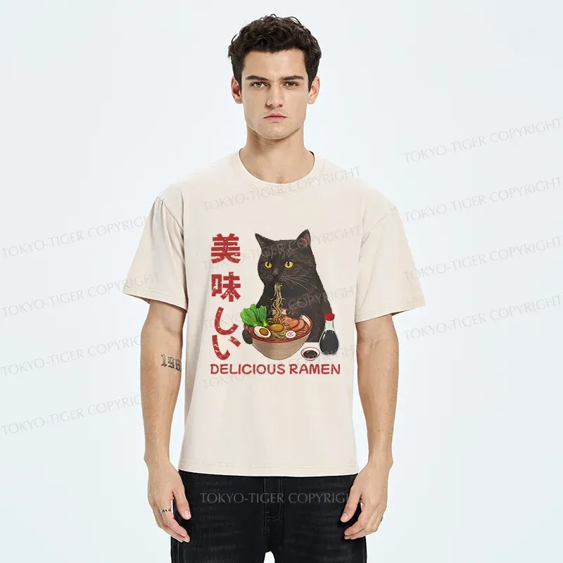 Tokyo-Tiger Black Cat Eating Delicious Ramen Washed T-Shirt