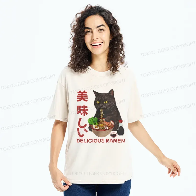 Tokyo-Tiger Black Cat Eating Delicious Ramen Washed T-Shirt
