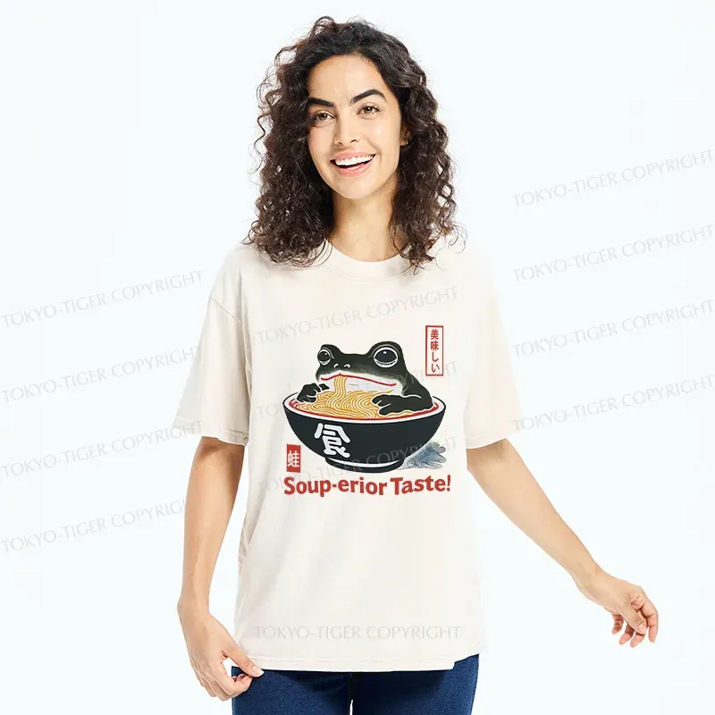 Tokyo-Tiger Retro Frog Eating Ramen Washed T-Shirt