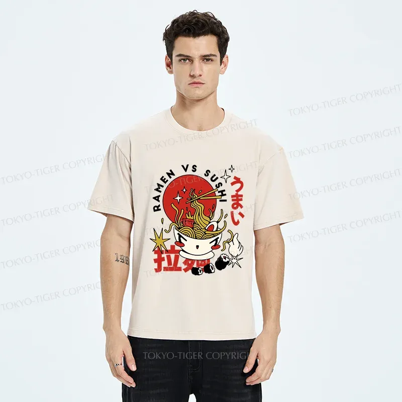 Tokyo-Tiger Retro Ramen And Sushi Washed T-Shirt