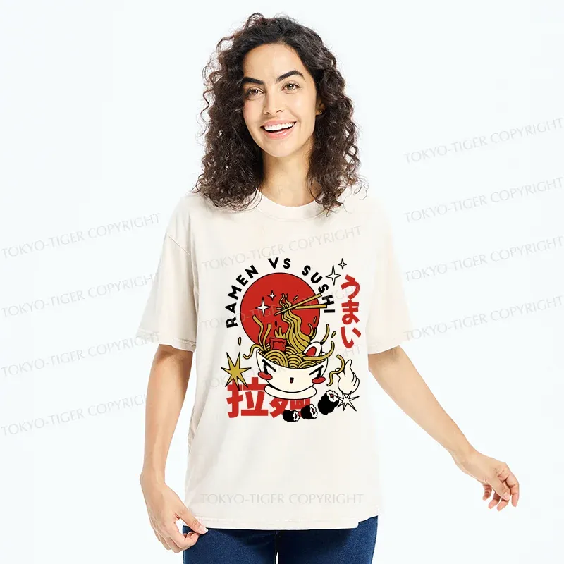 Tokyo-Tiger Retro Ramen And Sushi Washed T-Shirt