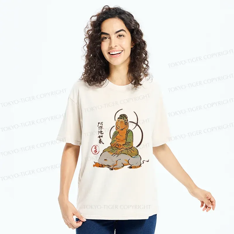 Tokyo-Tiger Buddha Riding A Pig Washed T-Shirt