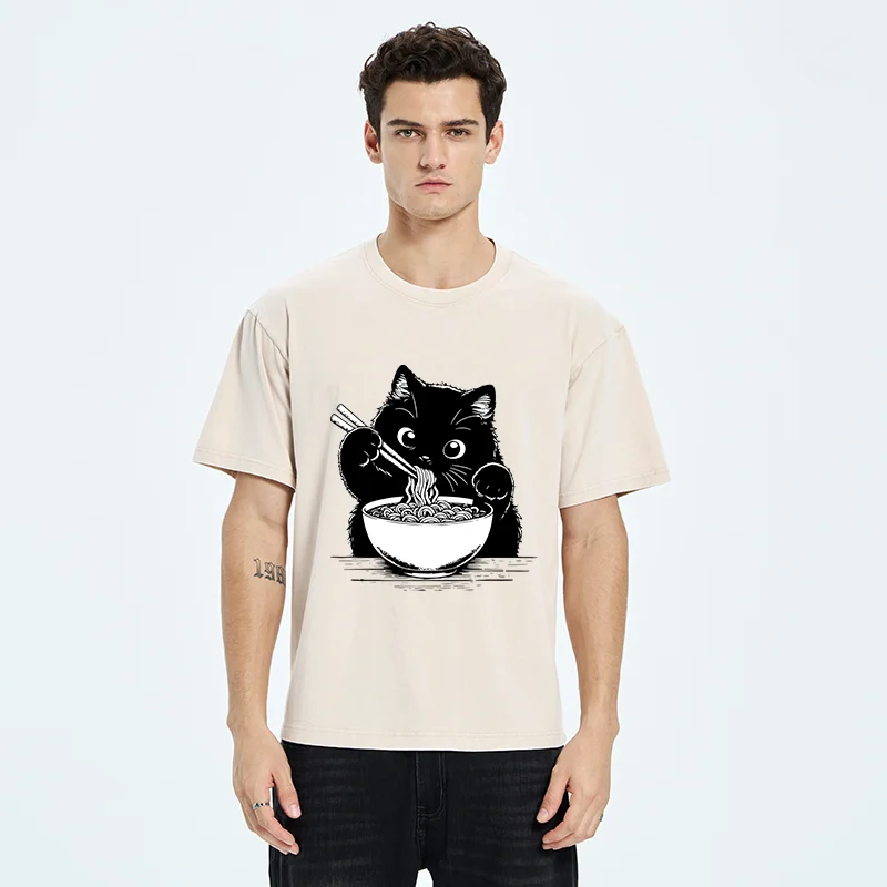 Tokyo-Tiger Cute Cat Eating Ramen Washed T-Shirt