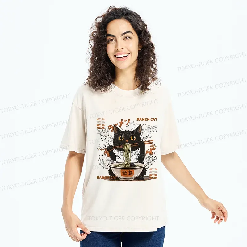 Tokyo-Tiger Cat Chef Eating Ramen Washed T-Shirt