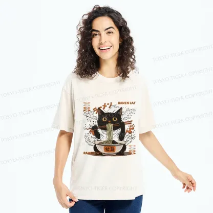 Tokyo-Tiger Cat Chef Eating Ramen Washed T-Shirt