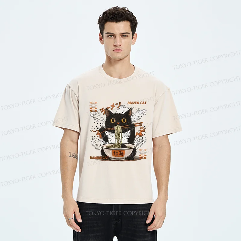 Tokyo-Tiger Cat Chef Eating Ramen Washed T-Shirt