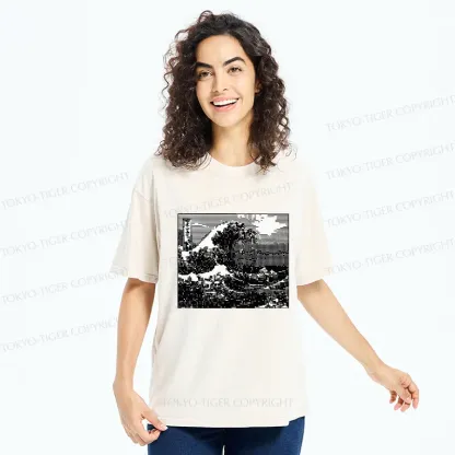 Tokyo-Tiger Black And White Ukiyoe Wave Washed T-Shirt